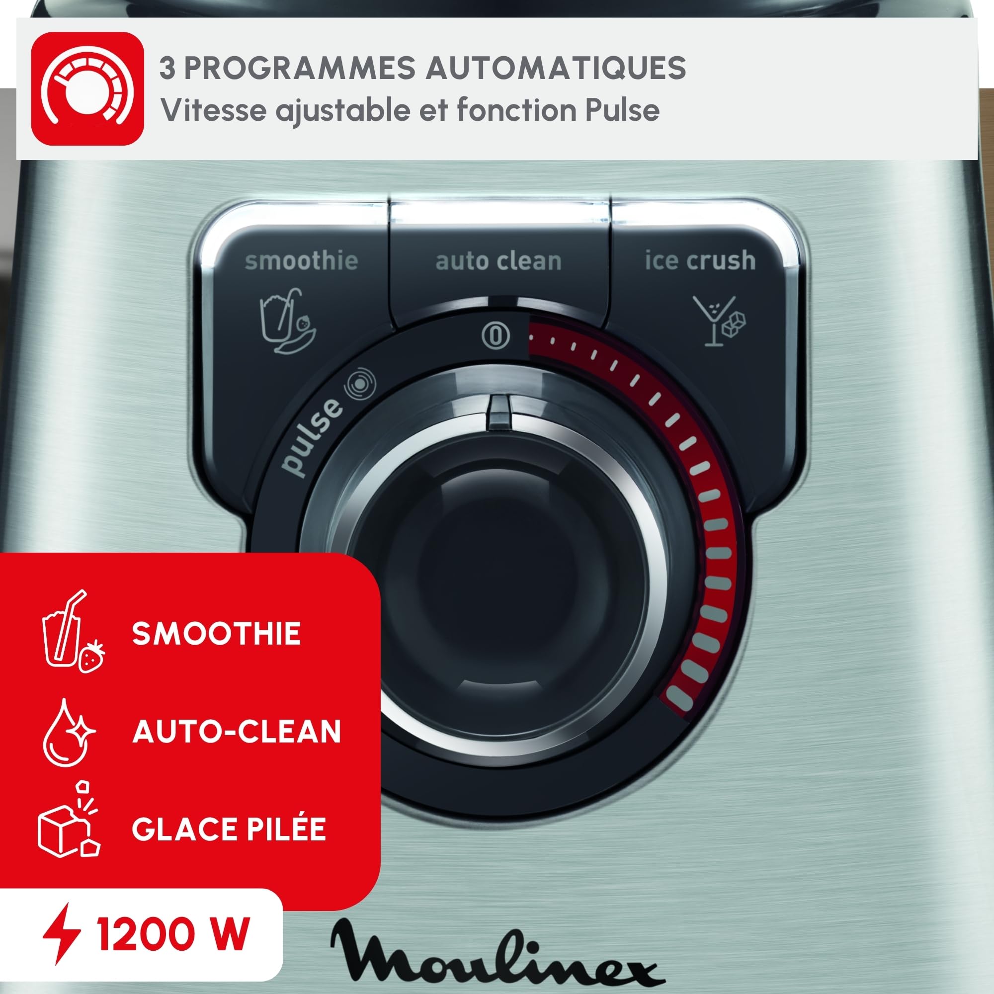 Moulinex Perfect Mix + LM811D10 - mikser 1200 W, glazurowana stal nierdzewna, podświetlany regulator prędkości, 3 programy, tryb ręcznego i automatycznego czyszczenia
