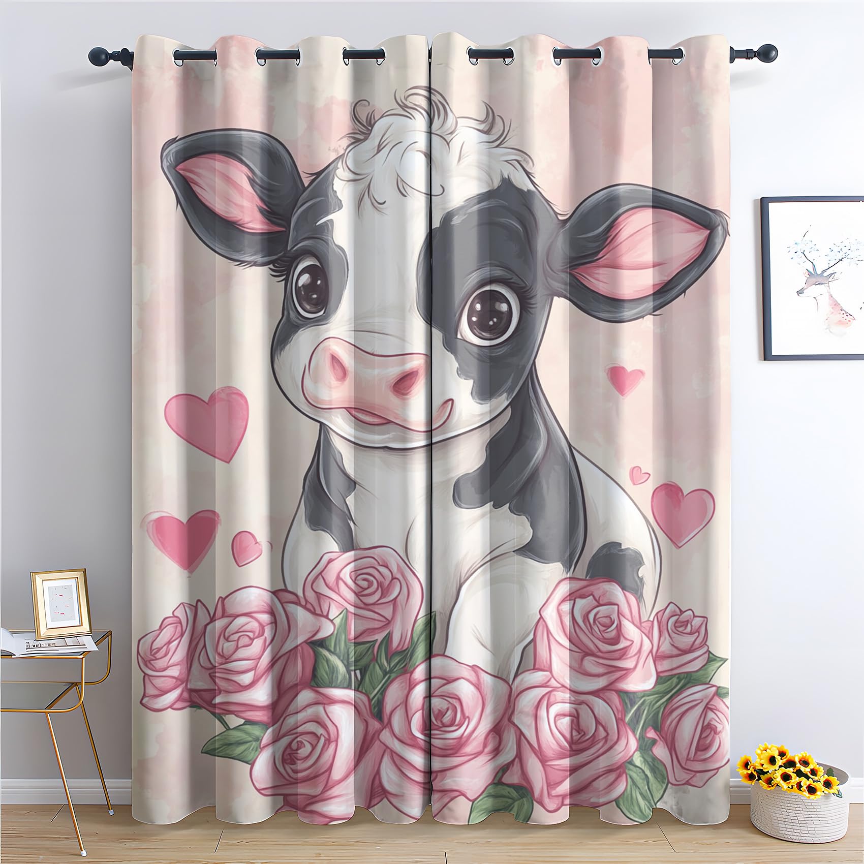Luxfieo Cow Blackout Curtains for Living Room Bedroom - 72 Inch Drop Curtains 66x72, Girls Cute Cartoon Farm Animal Patterned Window Treatments, Thermal Eyelet Drapes 2 Panels T#107