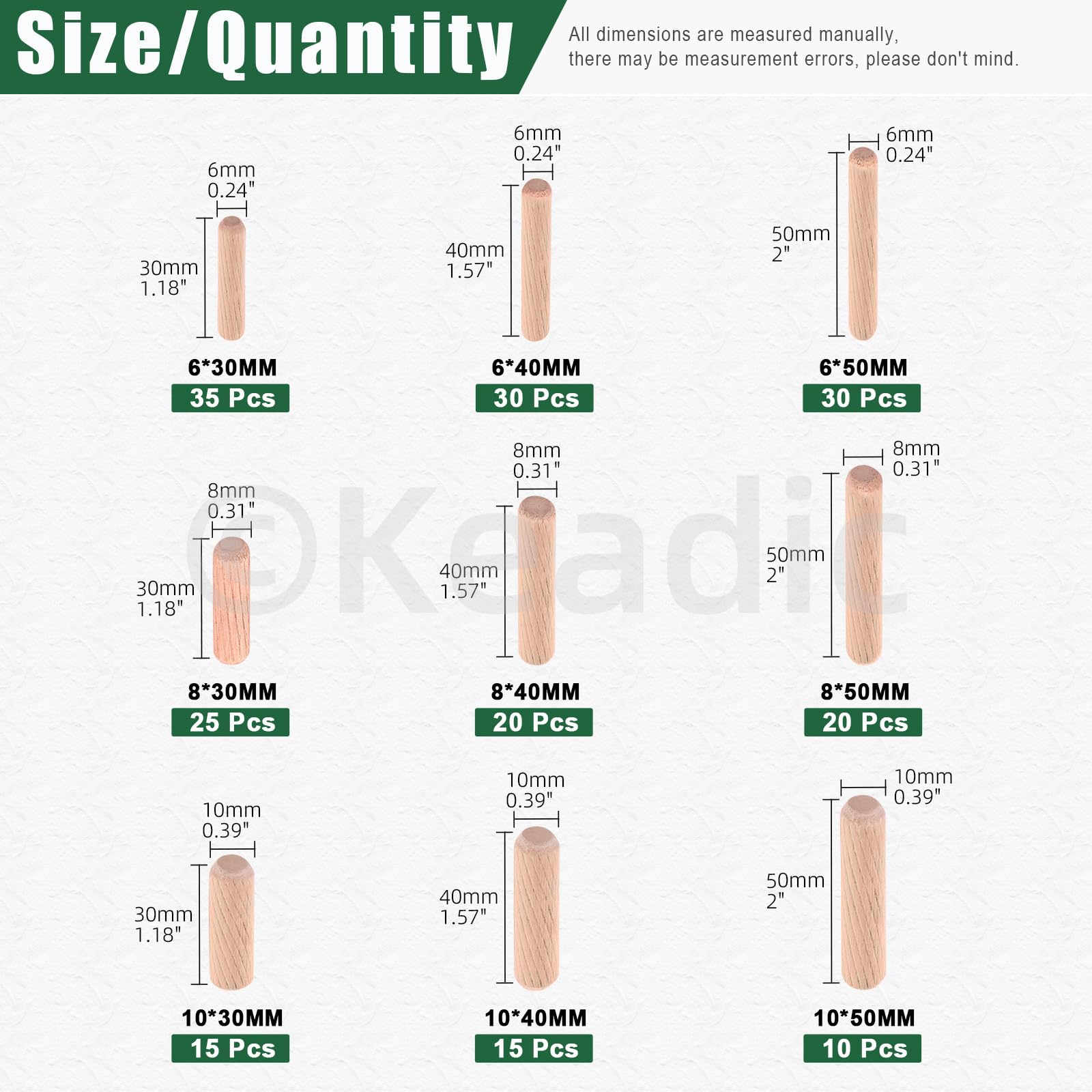 Snapklik.com : Keadic 200Pcs 9 Sizes Fluted Wooden Dowel Pin Assortment Set