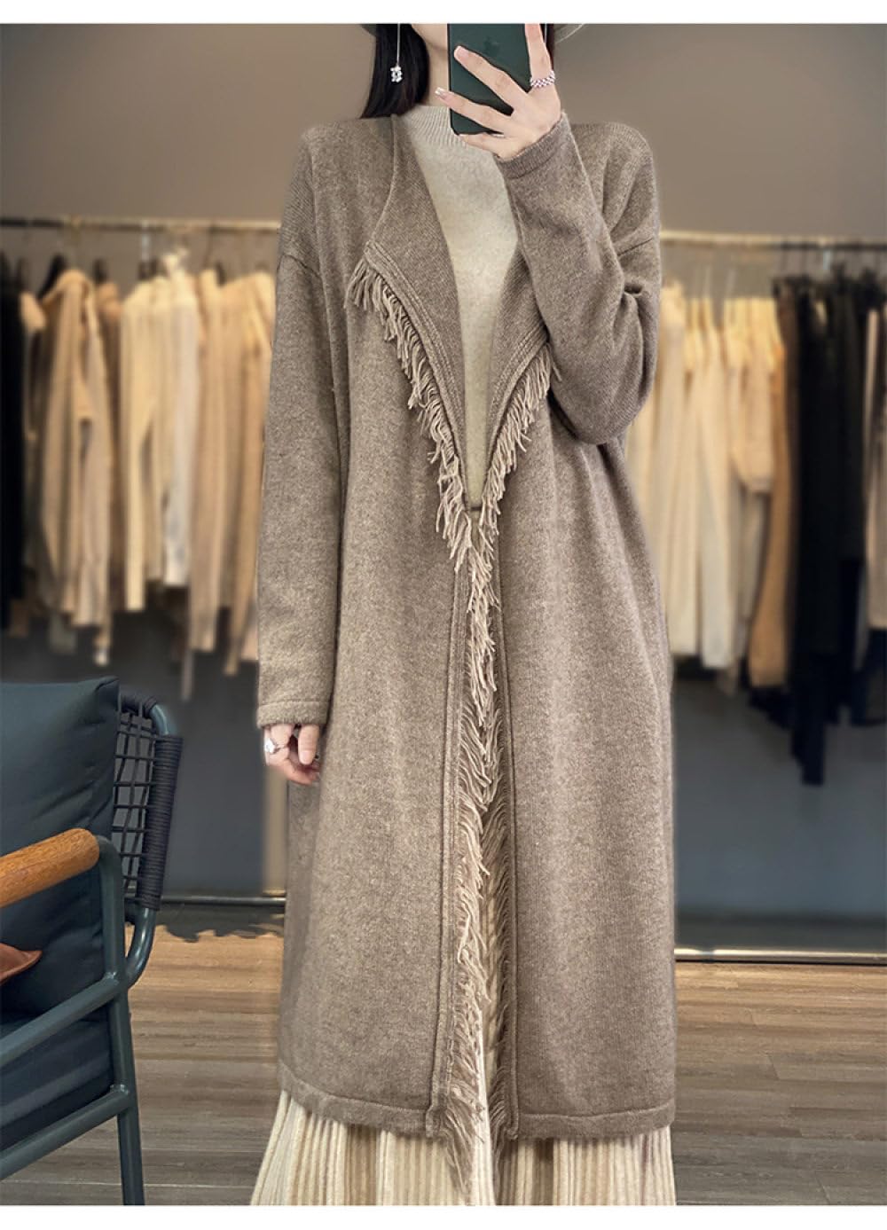 Lange Woll-Cardigans Für Damen Spleißen Fransen-Strickjacken Vorne Offen Damen-Pullover Mit V-Ausschnitt Eleganter Herbst-Winter Weicher Kaschmir-Strickpullover Oberbekleidung
