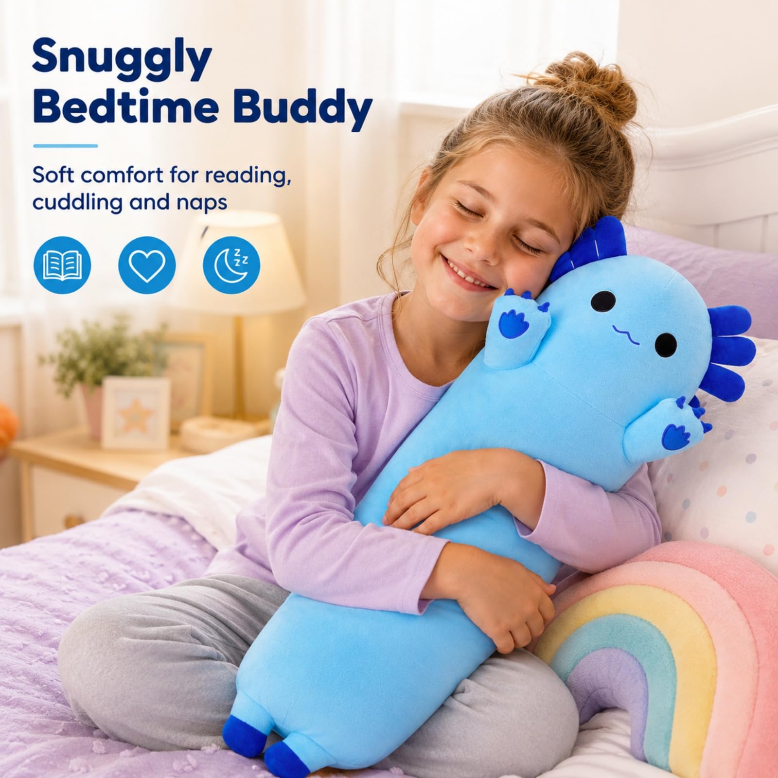 SNOWOLF Cojín Largo de Peluche de Axolotl, Juguete de Peluche Suave Kawaii de Peluche, Adorable cojín de Abrazo para niños (110 cm, Azul)