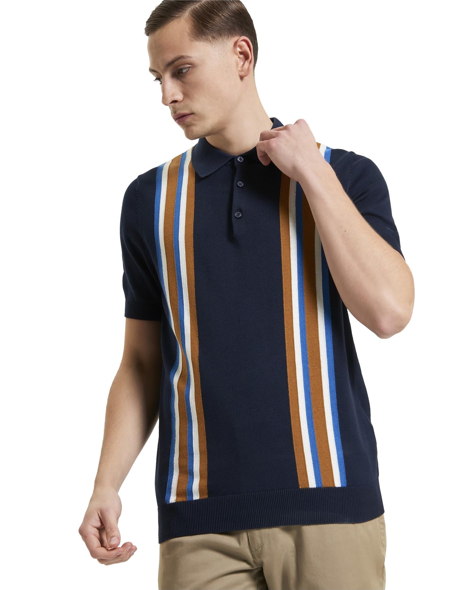 Ben Sherman Mens Knit Vertical Stripe Polo Shirt (Dark Navy/Mustard) XL