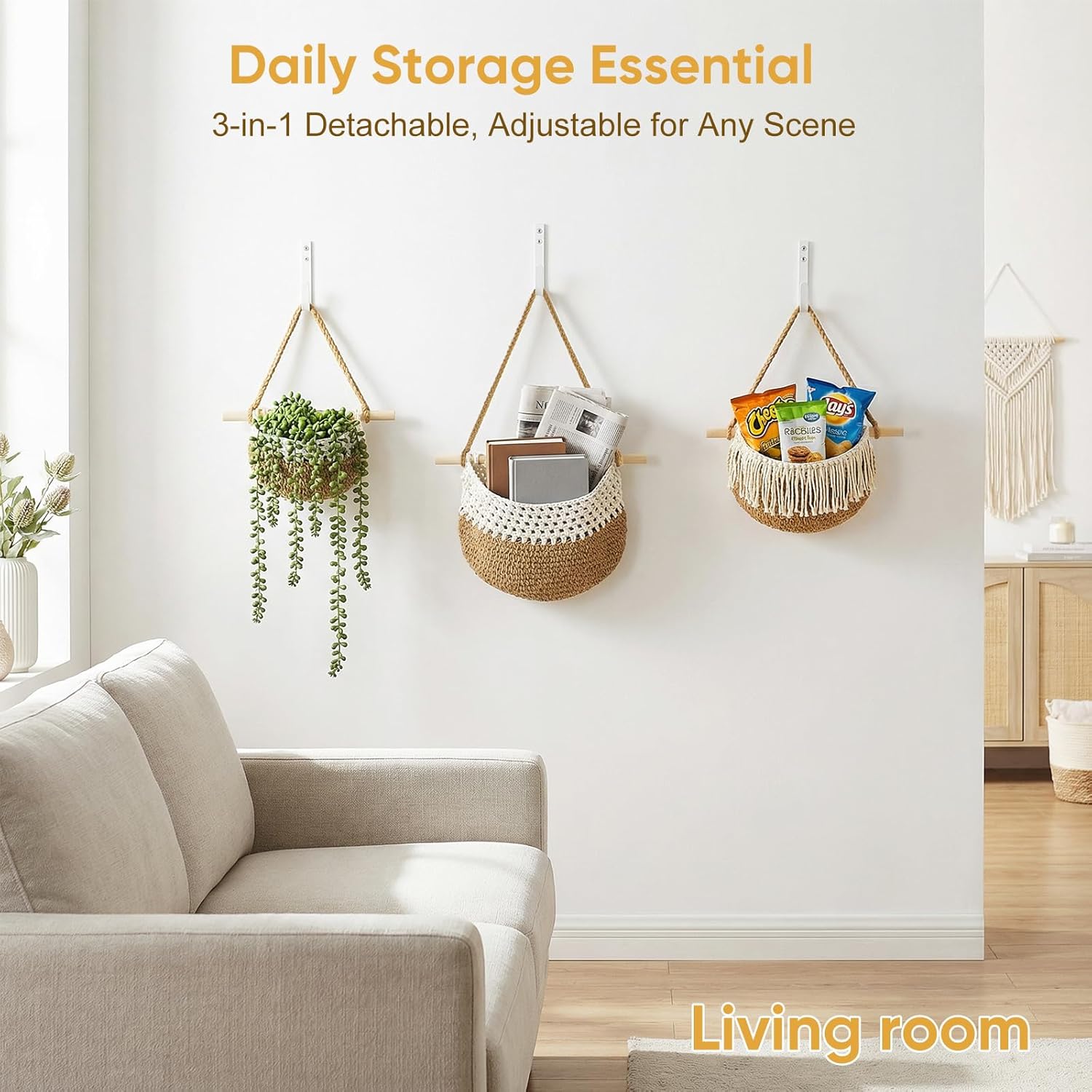 Boho Style Handwoven Rope Hanging Basket - 3-Tier Detachable Storage Organizer for Kitchen/Bathroom/Entryway, 3 Included Heavy-Duty Hooks, 7 Color Options Available (Khaki&White)