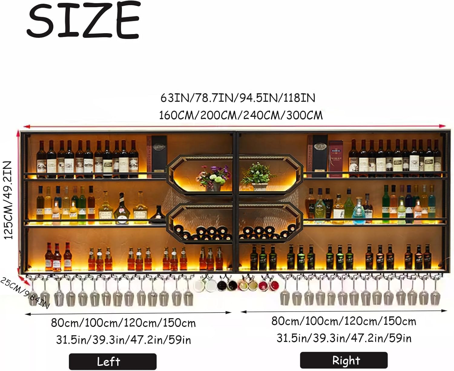 AUSKLEZU 201CMBotellero de Pared Grande con Iluminación LED, Organizador de Bar de 3 Pisos con Soporte para Copas, Soporte para Botellas de Alcohol Estilo, Decoración para Bar en Casa (Negro, 201cm) — view 2
