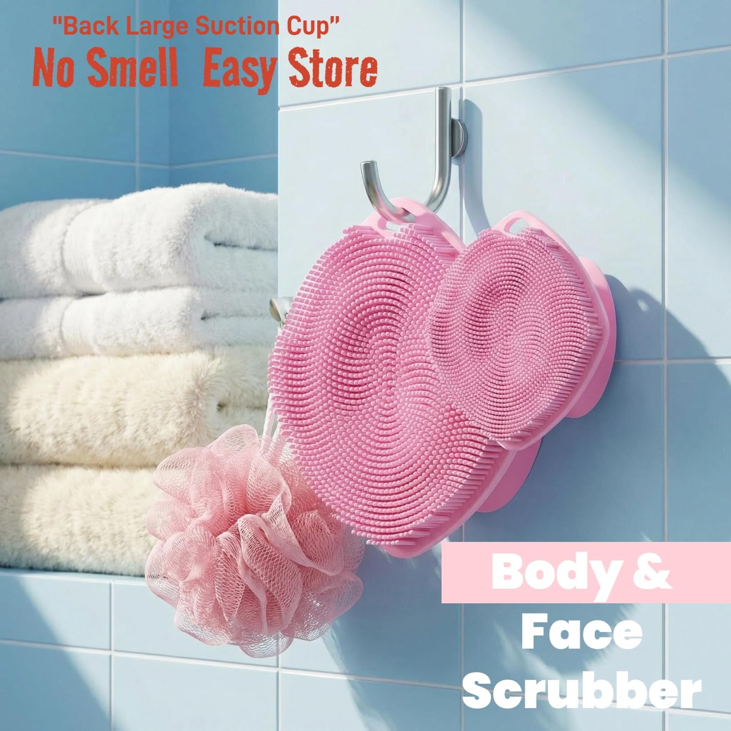 Silicone Body Scrubber with Suction Cup, Gentle Texture Exfoliating Body Scrubber for Men and Women On Sensitive Skin, Build Up Lather, Deep Skin Clean (Body+ Face Scrubber Pink)