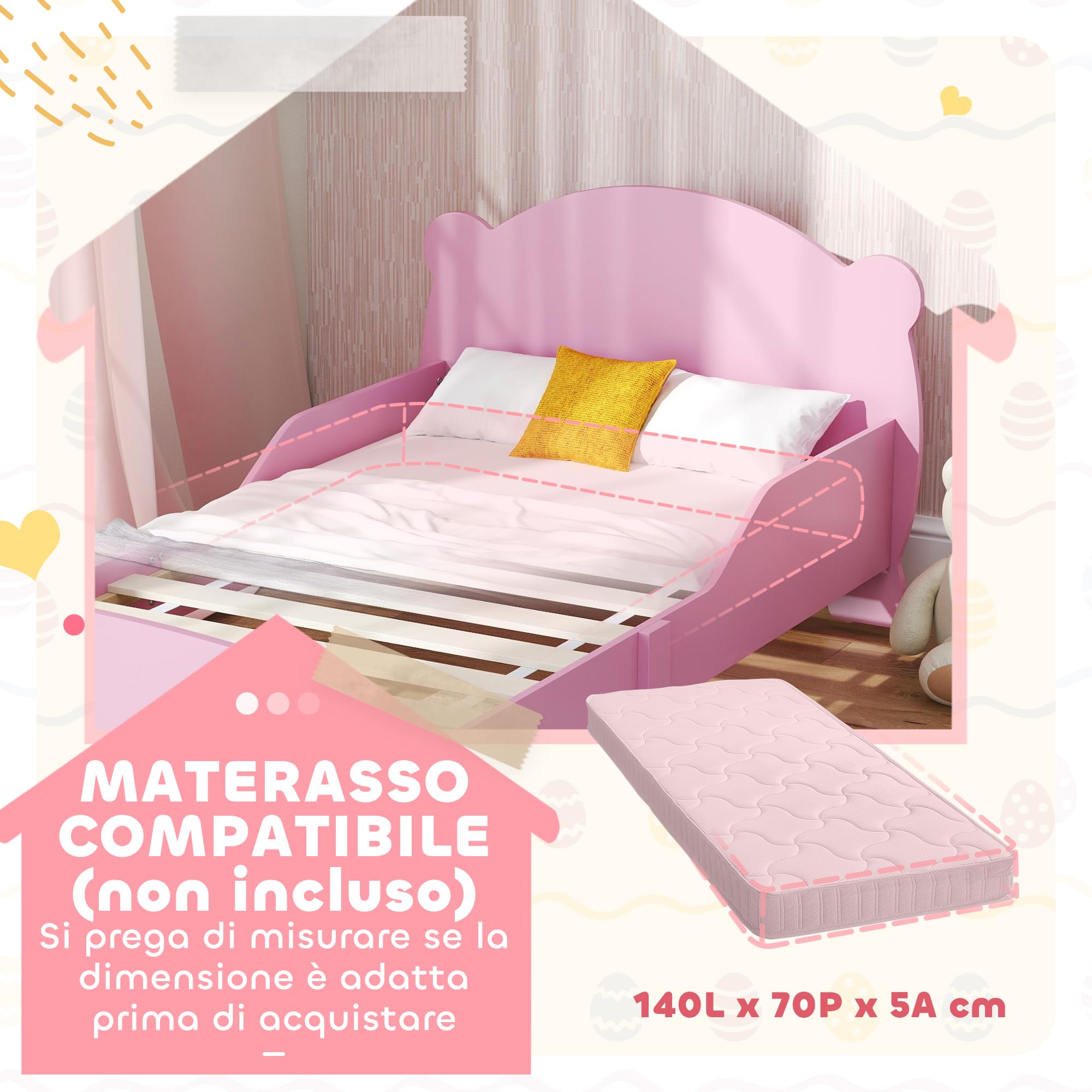 AIYAPLAY Letto Montessori Bambini 140x70 cm Lettino Singolo con Sponde Anti-Caduta Rosa