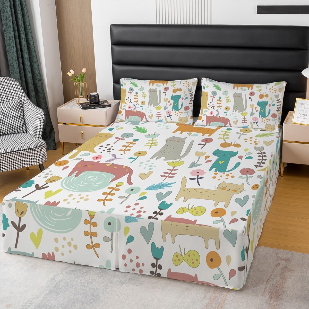 Cat Bed Skirt Queen, Cartoon Cats Bed Wrap Sheet Set for Kids Funny Kittens Flowers Butterflies Sheet & Wrap Around Bed Skirt Kawaii Dust Ruffle Pleated Bedskirt with Split Corners