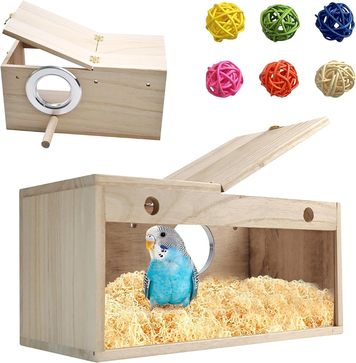 Caja nido para pájaros de madera natural, caja nido para periquitos de acrílico, casa nido transparente para cacatúas con perca, nido de loros de madera para periquitos, periquitos, pinzones canarios (mediano)