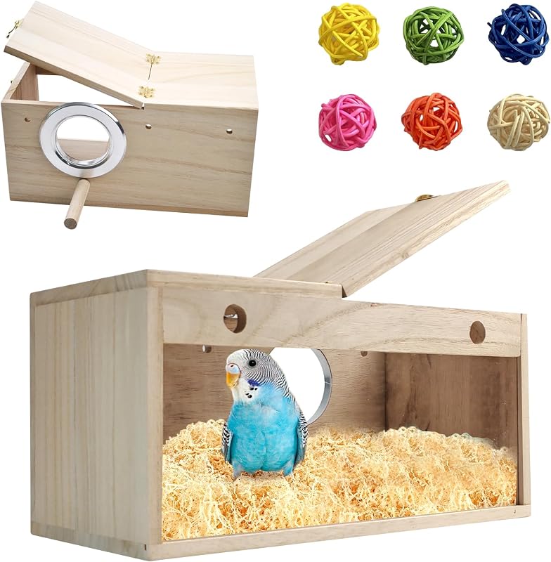 Caja nido para pájaros de madera natural, caja nido para periquitos de acrílico, casa nido transparente para cacatúas con perca, nido de loros de madera para periquitos, periquitos, pinzones canarios (mediano)