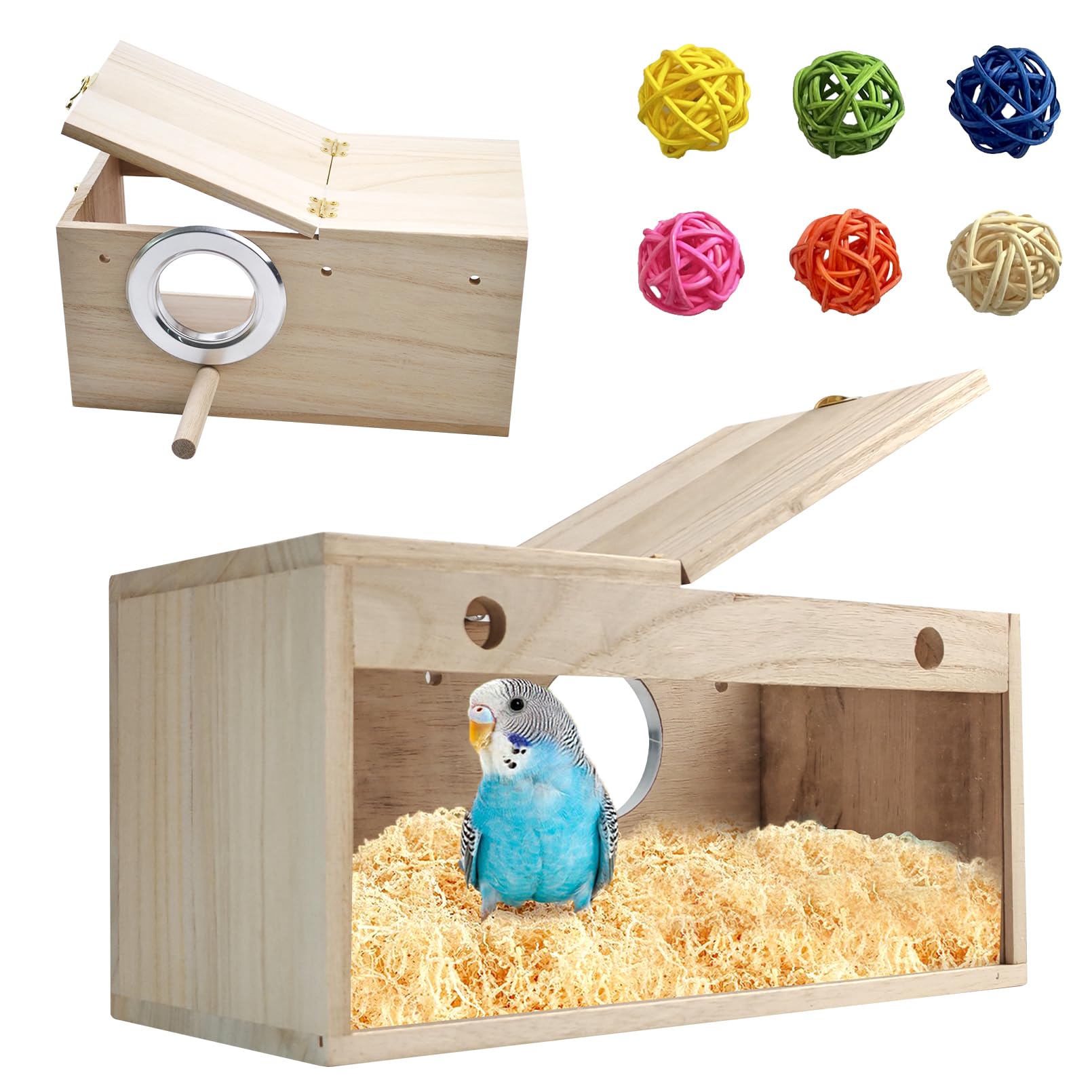Natural Wood Bird Nesting Box,Acrylic Parakeet Nesting Box Transparent Cockatiel Nest House with Perch Wooden Parrot Nest for Lovebird Budgie Conure Canary Finch(Medium)