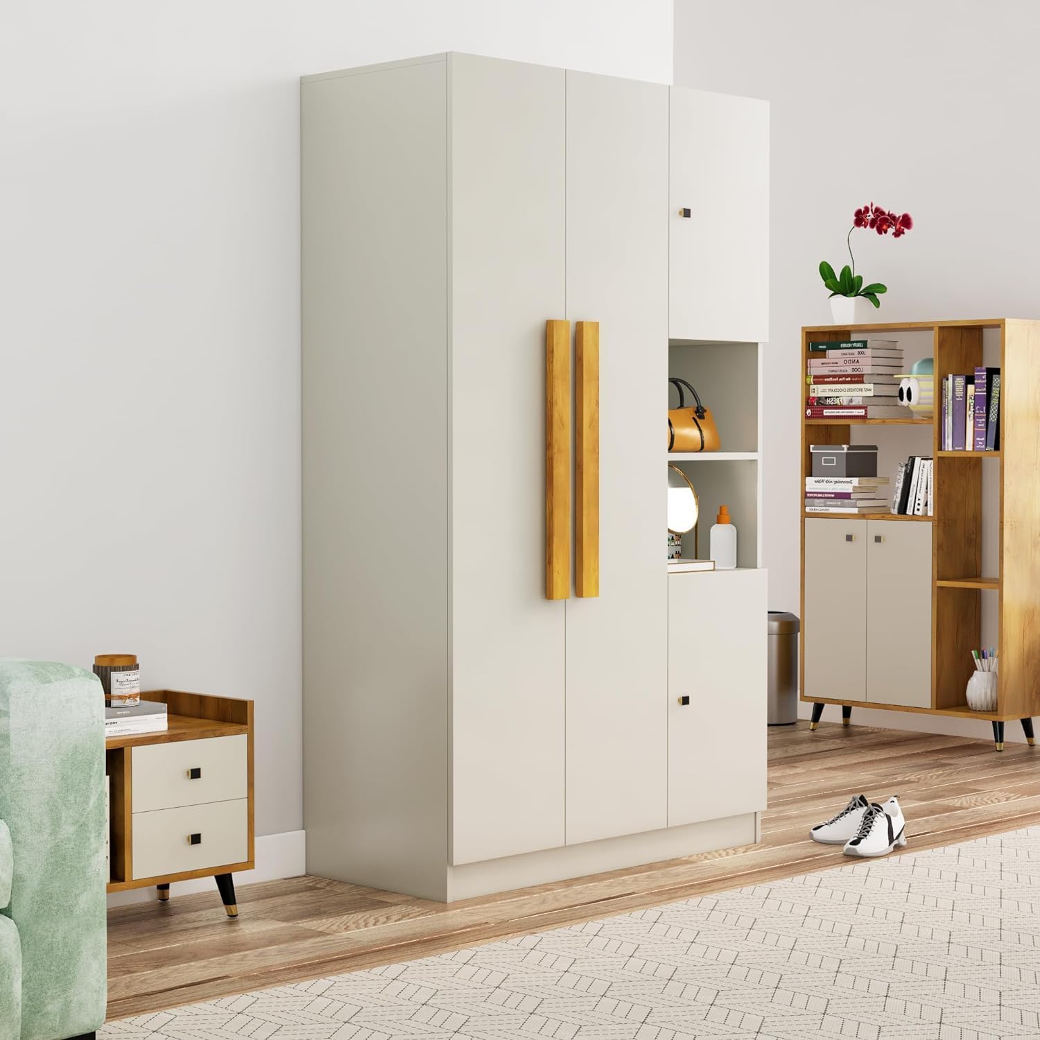 Bniture Wooden Almirah for Clothes, Door for Bedroom, 4 Door Wardrobe with Hanging Space (50D x 105W x 180H CM) |3 Year Warranty 1 (Frosty White)