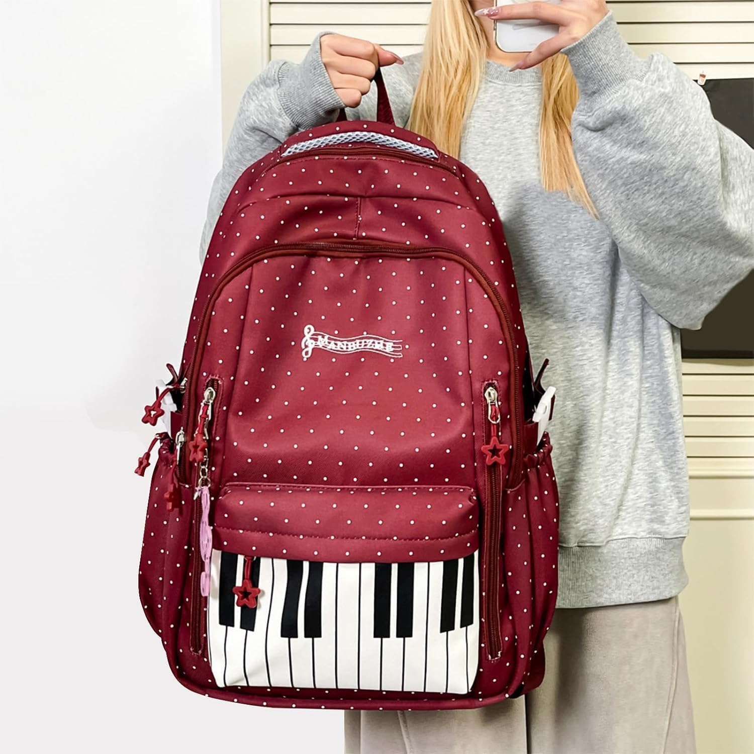 Mochila de Lunares, Bolsa Escolar Roja en Nylon con Teclas de Piano para Adolescentes (Blue-A)