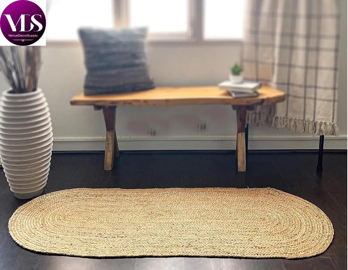 VDS Pack of 1, Oval Hand Woven Braided Jute Area Rug 2x8 feet, Natural Reversible Rug for Home Decor, Living Room, Kitchen, Entryway Rug, Door Mat, Farmhouse Rustic Boho Accent Rug (2'x8')