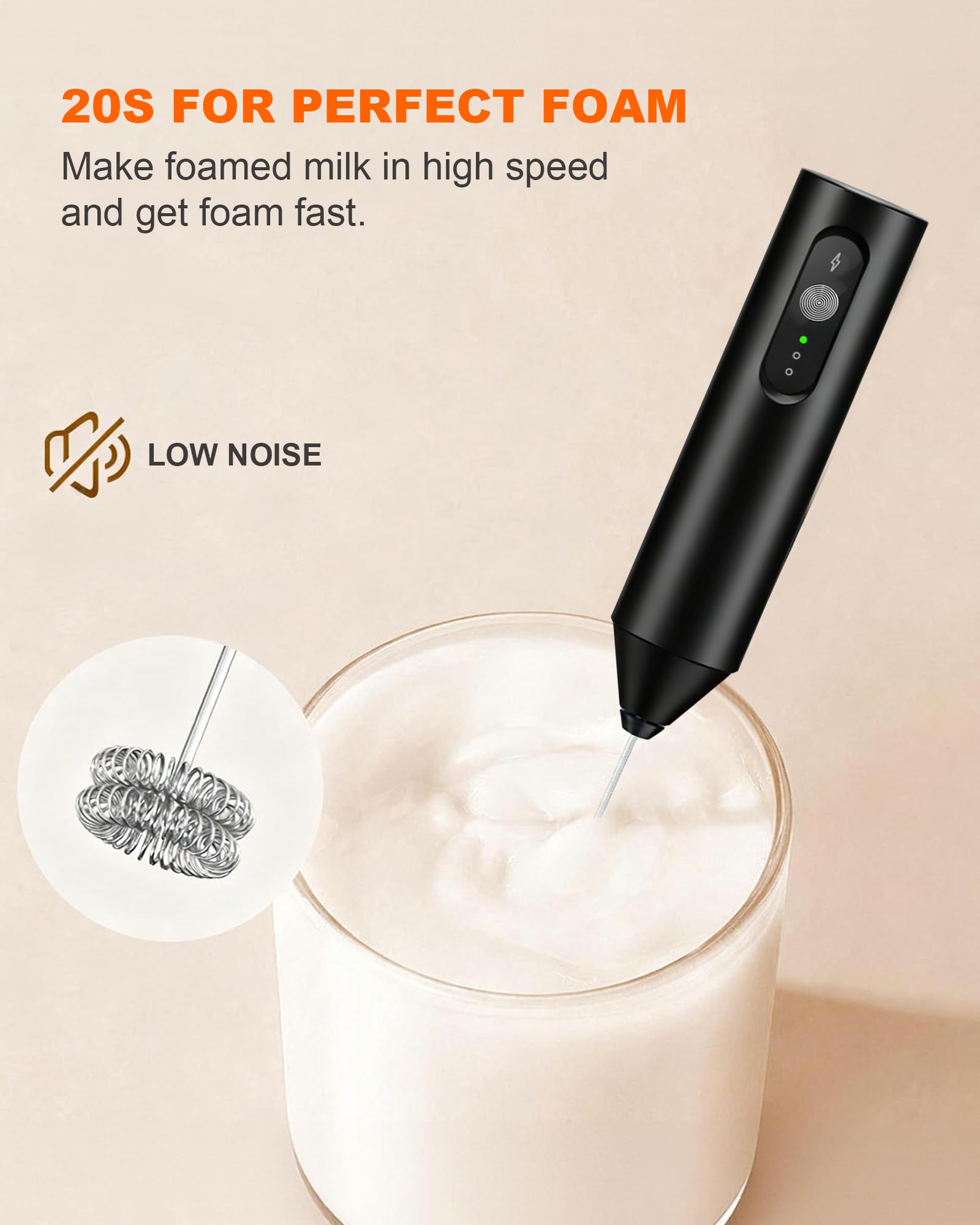 Espumador de leche recargable de 3 velocidades, color negro