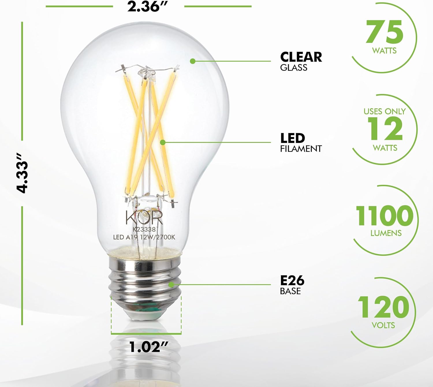 KOR LED A19 Filament Bulbs, 4 Pack, 75 Watt Equivalent, 2700K Warm White, Edison Vintage Dimmable Energy Efficient 12W, E26 Medium Base, 1100 Lumens, CRI 90, Clear Glass Light Bulbs for Home