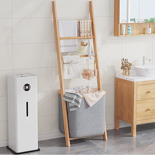 Miniatura 7 de Escalera para manta con canasta, 17.3 pulgadas de largo x 55.1 pulgadas de alto, toallero de bambú con cesta de almacenamiento, soporte para mantas,