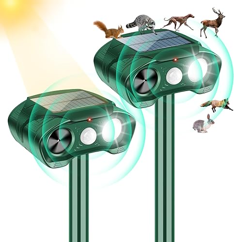 Repelente de animales ultrasónico solar mejorado para exteriores, repelente de ardillas con sensor de movimiento, luz intermitente, disuasorio de