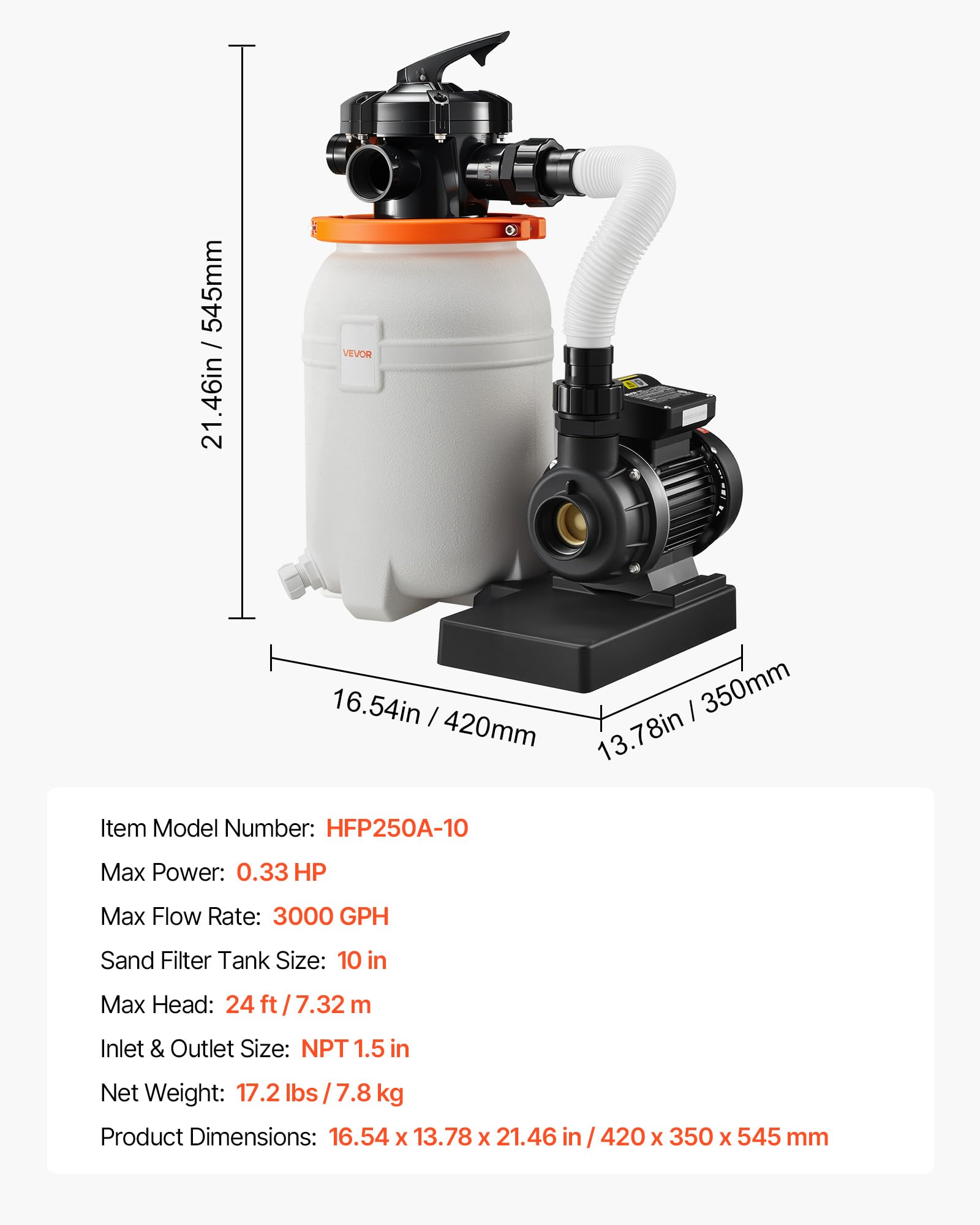 VEVOR 10 in Sand Filter Pump for Above Ground Pool, 0.33 HP 3000 GPH, Swimming Pool Sand Filter Pump with Pre-Assembled Core & Leak-Resistant Design, 6-Way Valve, High-Efficiency Filtration for Pools — view 7