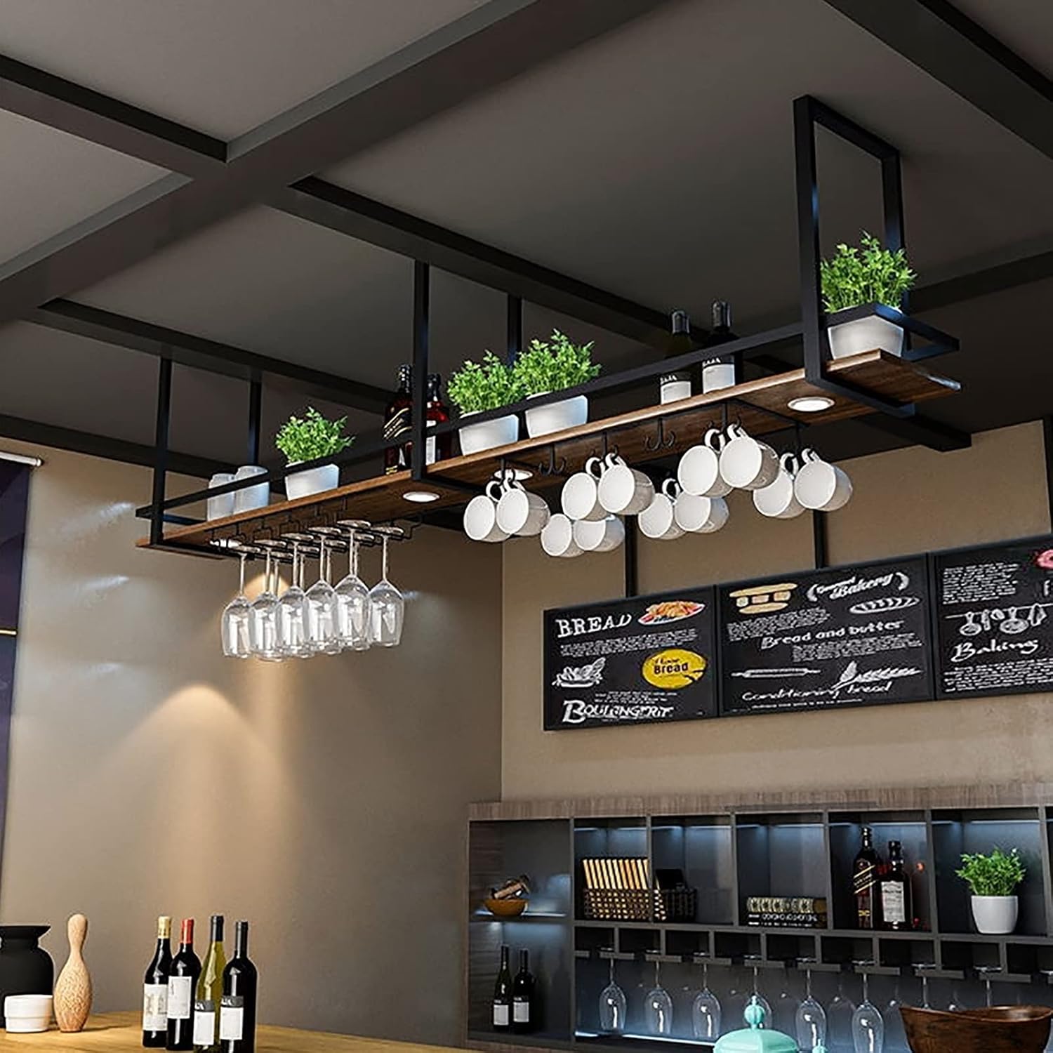 Ceiling Wine Rack, Hanging Shelf with Guardrail, Ceiling Decoration Shelf, Ceiling Mounted Hanging Wine Bottle Holder, Wine Glass Shelves, Shelf Champagne Glass Rack, for Restauran