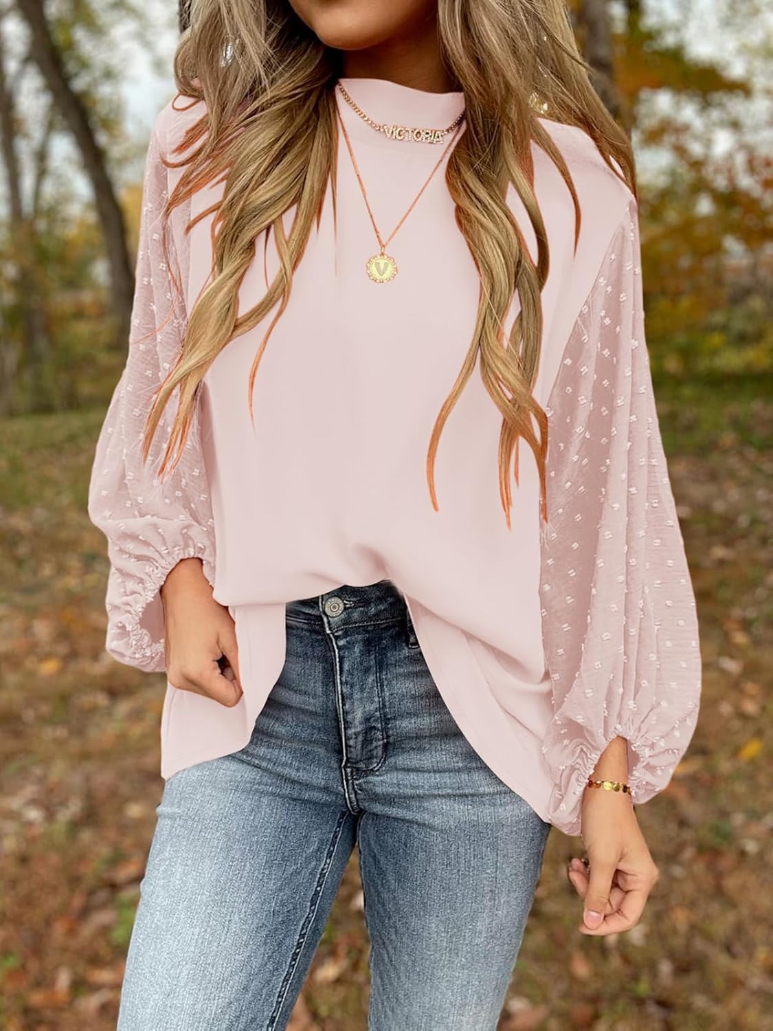 Samefar Womens Tops Dressy Casual Lantern Long Sleeve Blouses Swiss Dot Crew Neck Fall Tunic Dressy Loose Outfits - Image 3