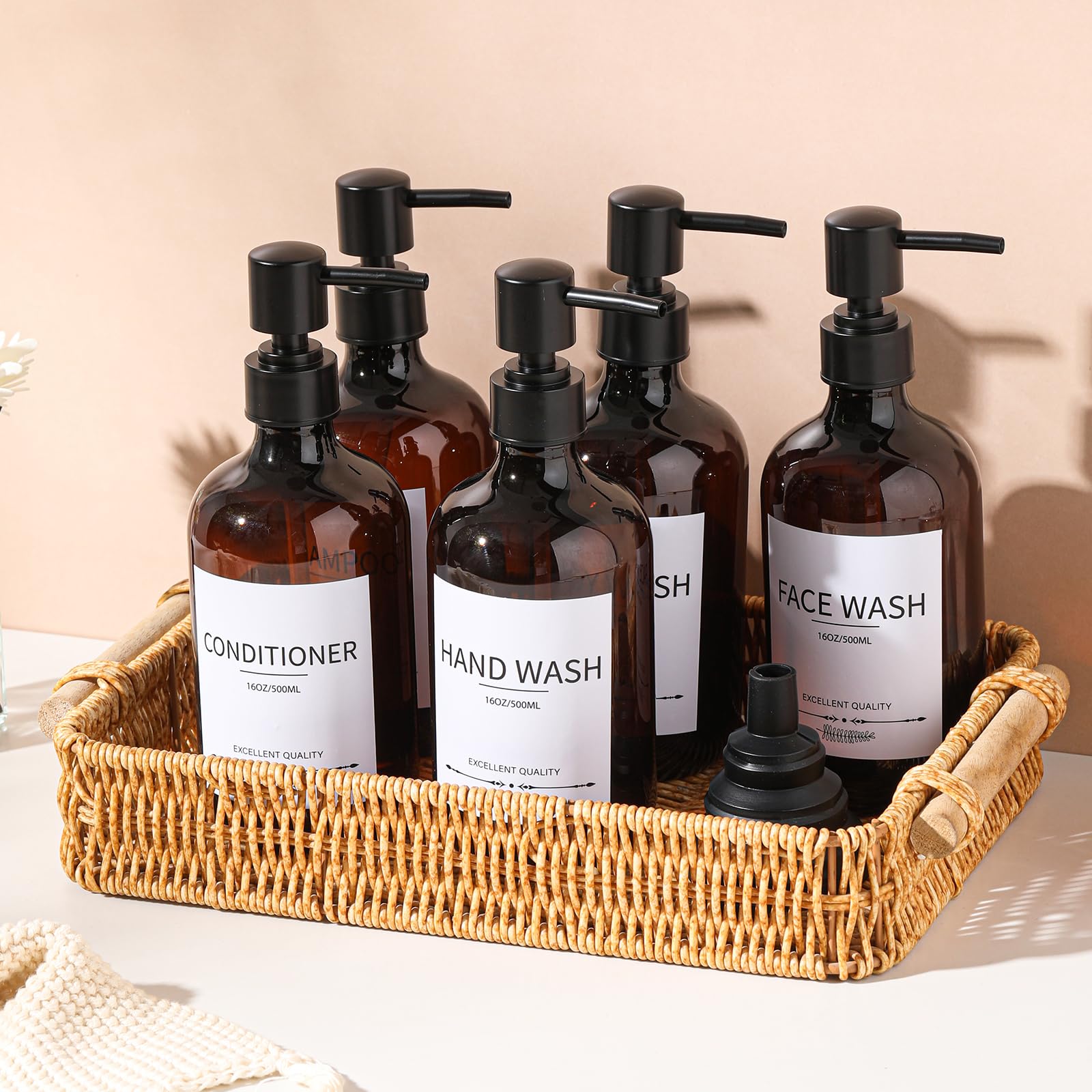 Botellas de champú y acondicionador (paquete de 5), dispensador de champú para ducha, botellas recargables con bomba, juegos de dispensador de baño (ámbar)