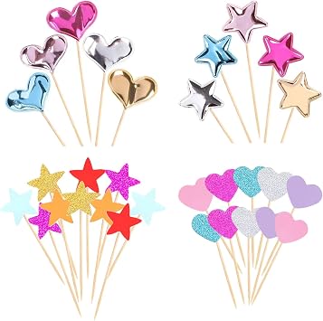 ZIQON 30 PCS Glitter Heart Cupcake Toppers Colorful Cake Decoration Heart and Star Cake Toppers Cute Party Decoration for Birthday and Baby shower Bright