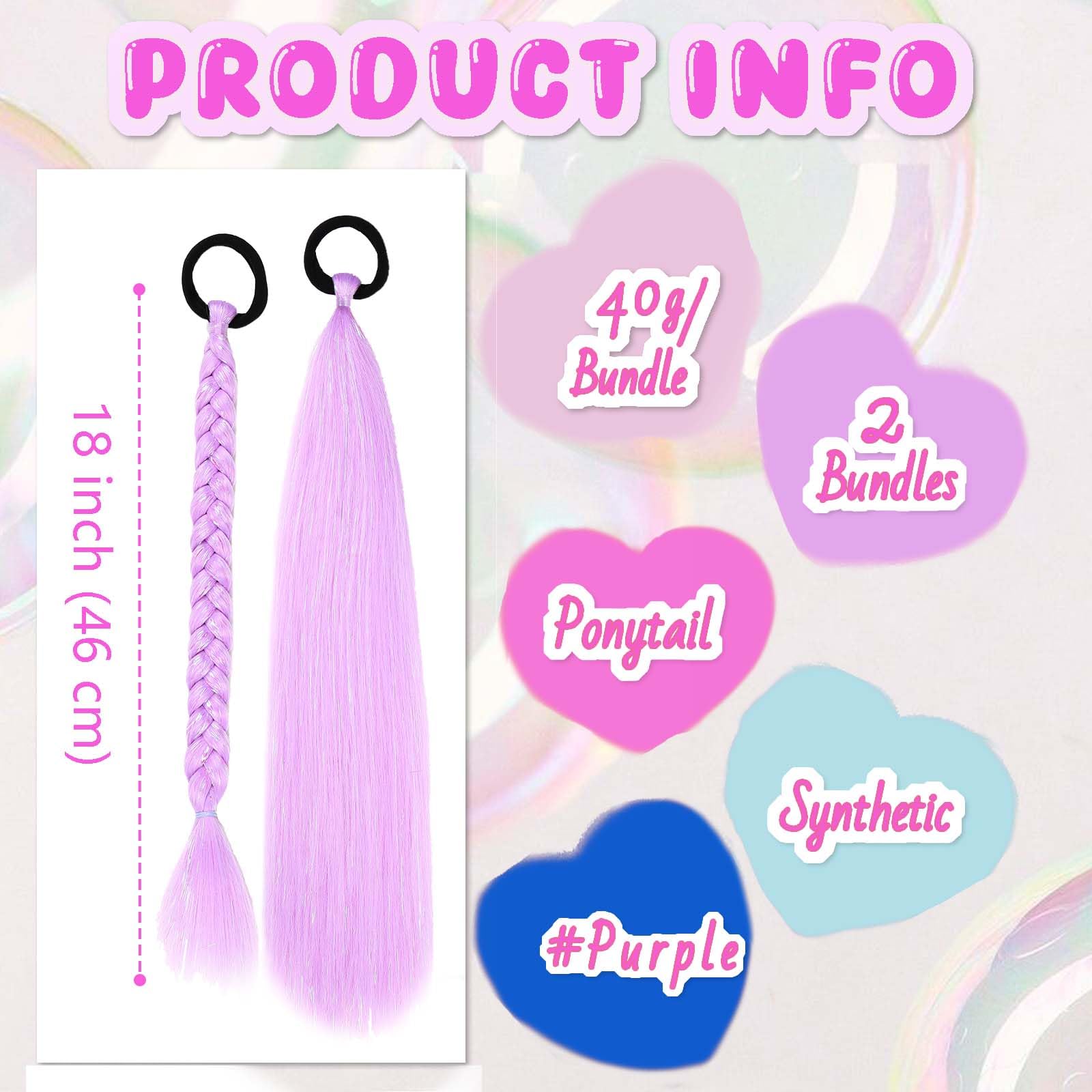 Rainbow Ponytail Extensions With Hair Tie 2 Packs 40g/Pack Coloured Hair Extensions for Braiding 18 inch Colorful Ombre Mermaid Pony Tail Synthetic Hair Extensions for Girl Women SSPurple - Image 3