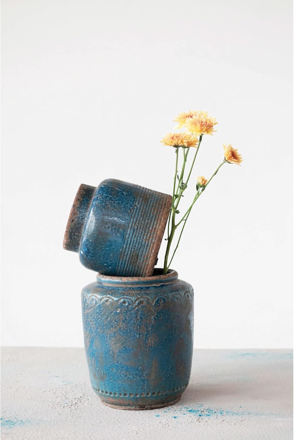 Creative Co-Op Debossed Terra-cotta Vase, Distressed Blue Finish