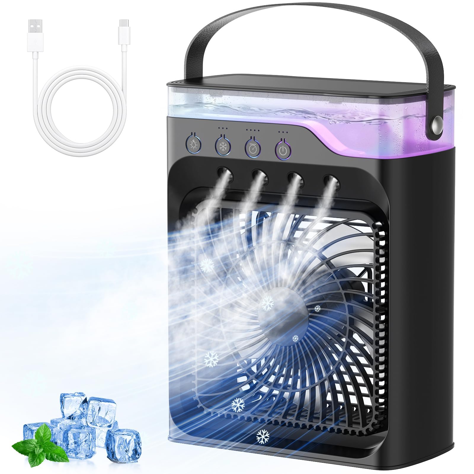 Photo 1 of Portable air Conditioners, Personal Cooling Fan with 120° Oscillation, 3 Wind Speed & 4 Sprays, 2/4/6/8H Timer, Multi-Color Light, 3 in 1 Personal Small Mini Air Conditioner Air Cooler for Room