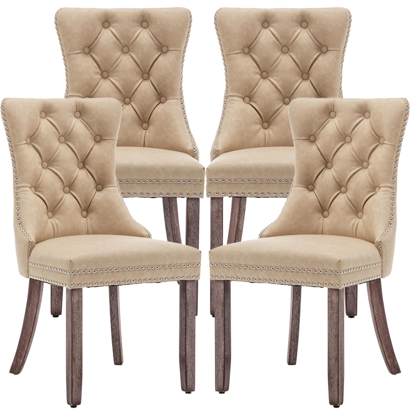 Systemkenji Leather Dining Chairs Set of 4, Upholstered Dining Room Chairs with Nailhead Trim, Sillas de Comedor Modernas 4, Wooden Kitchen Chairs for