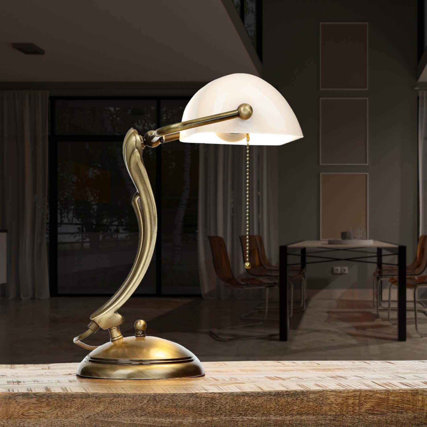Lampada da banchiere premium vero ottone vetro in bronzo bianco lucido studio ufficio 35 cm E27 interruttore a tirante Lampada da tavolo Art Nouveau