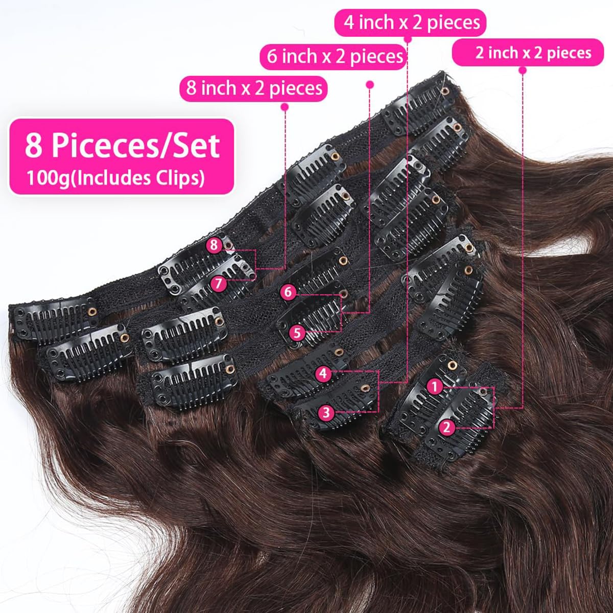 Curly Clip in Hair Extensions Real Human Hair 14 Inch 8PCS 100g Unprocessed Deep Water Wave Double Weft Hairpieces for Women Seamless Clip Ins Extensions Dark Brown - Image 2