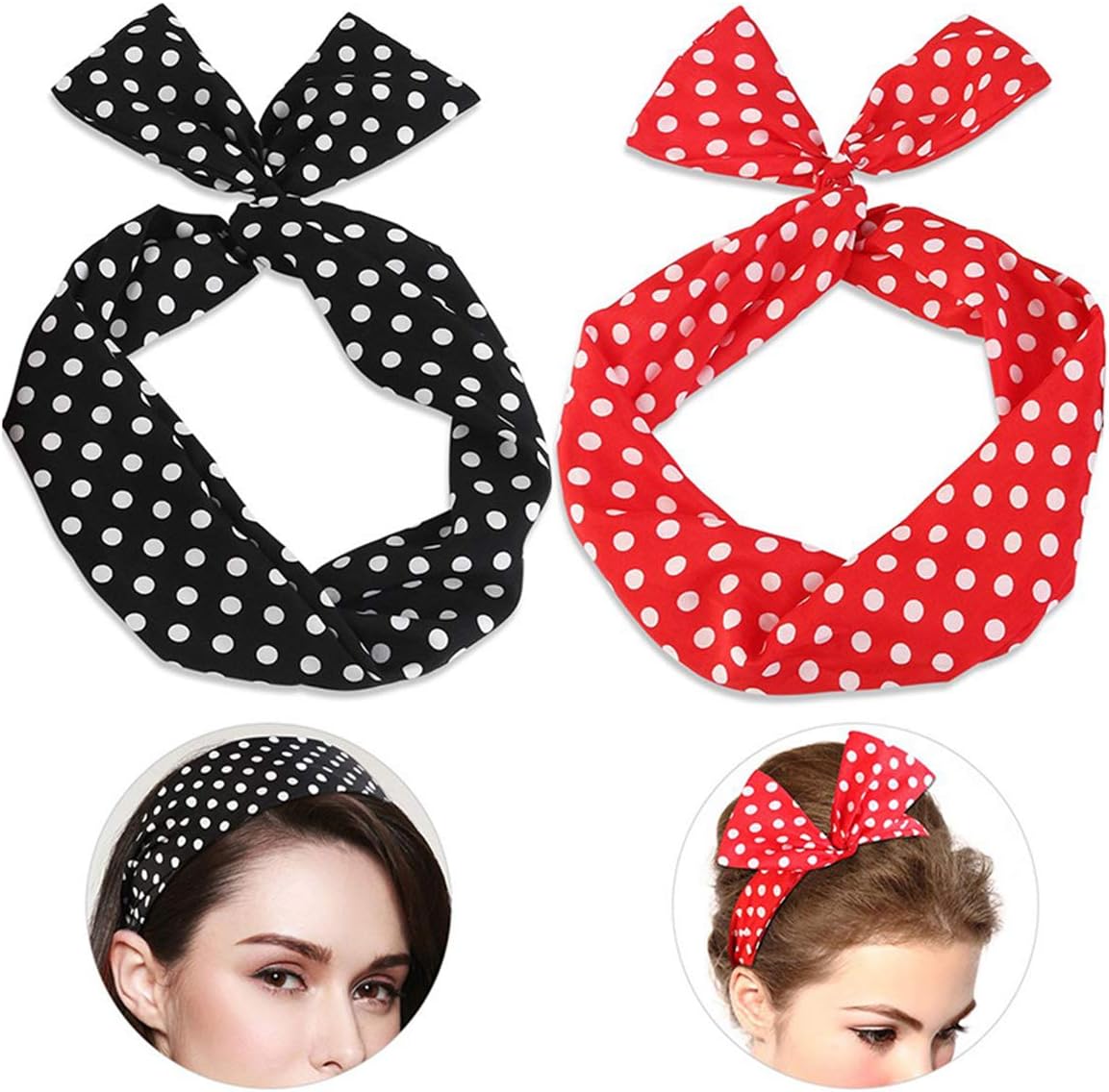 Amcho Wire Headband, Twist Retro Bowknot Polka Dot Wire Hair Holders for Women and Girls 2PCS