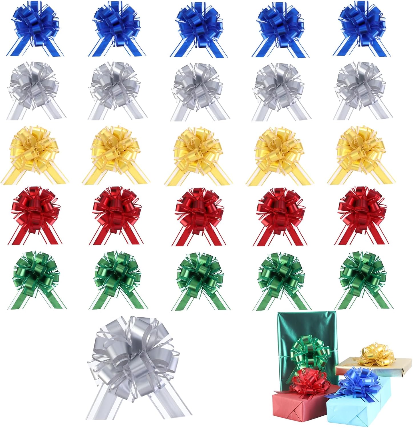 20 Pcs Pull Bows for Gift Wrapping, 5 Types of 6 Inches Gift Bows with Ribbon For Wedding, Valentines Day, Birthday, Anniversary, Florist Packaging ,Flower Bouquets and Basket (Mixed metal color)