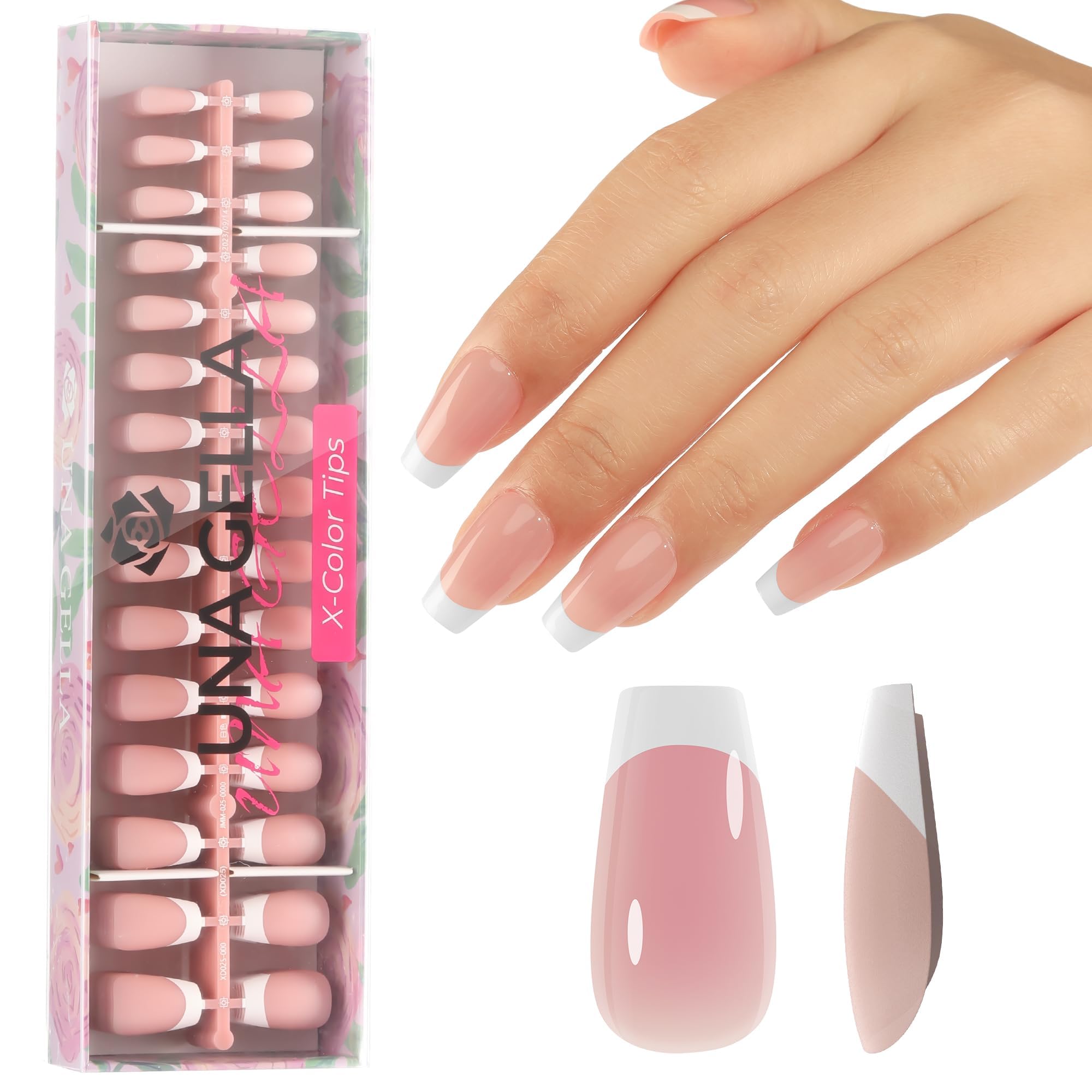 UNA GELLA French Gel Nail Tips 150Pcs Press on Nails Short Coffin 3 in 1 X-Color Pre-finish Primer & Base Coat Fake Nails for Home DIY 15 Sizes Double-sided Matte