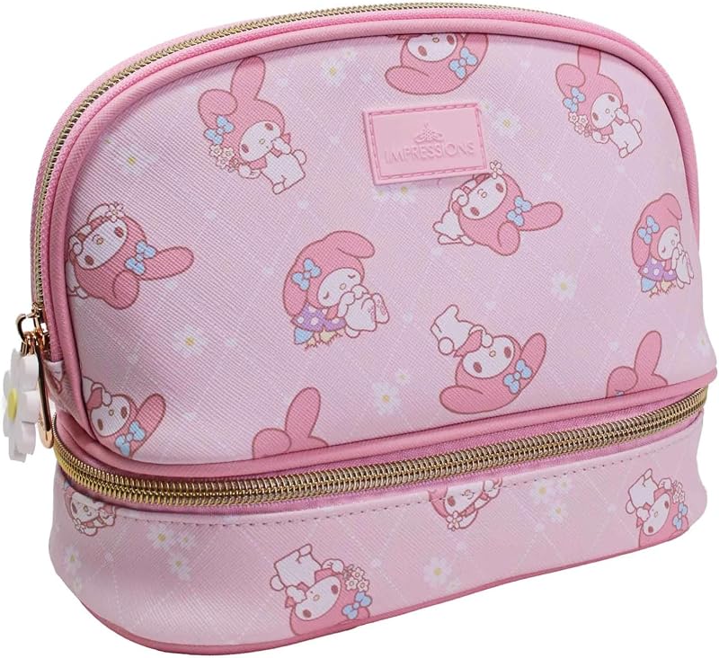 Impressions Vanity My Melody Double Layer Makeup Bag with Top and Bottom Zippered Compartments, My Melody Print Artwork Makeup Organizer with Faux Saffiano Leather, Inner Slip Pocket and Gold Hardware