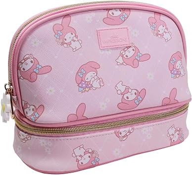 Impressions Vanity My Melody Double Layer Makeup Bag with Top and Bottom Zippered Compartments, My Melody Print Artwork Makeup Organizer with Faux Saffiano Leather, Inner Slip Pocket and Gold Hardware