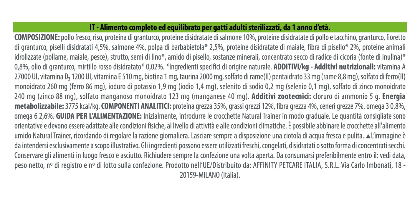 Trainer Natural Sterilised Adult con Salmone e Fibra di Pisello 3 Kg, 3000 Gr