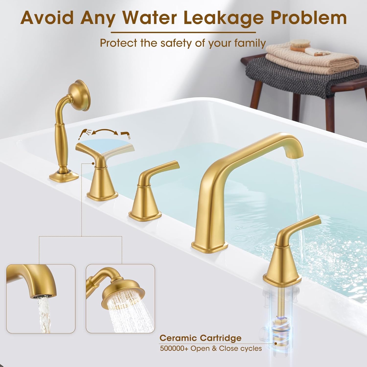 Roman Tub Faucet with Sprayer, Garden Tub Faucet with Valve, Brass 5 Hole 3 Handle, Widespread Deck Mount Tub Filler with Diverter, High Flow Bathtub Faucet with Hand Shower Brushed Gold