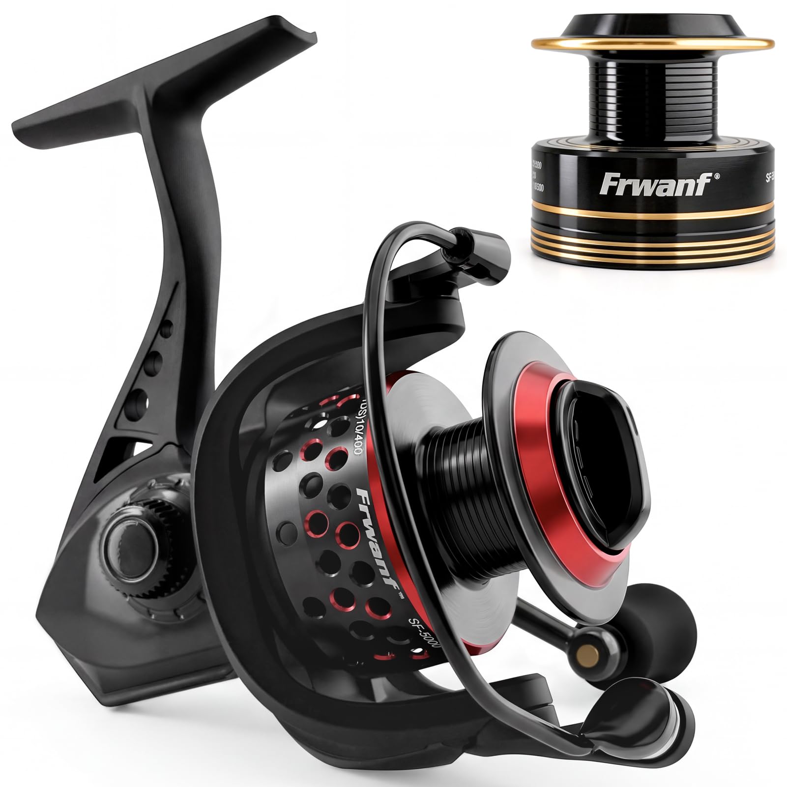 Frwanf SF Spinning Reel, 7+1 BB Lightweight Fishing Reel with Dual Aluminum Spools, 5.2:1 Gear Ratio, 39.7LB Max Drag, Saltwater Rated Nylon-Glass Fiber Body for Bass Trout, Red & Gold (4000)
