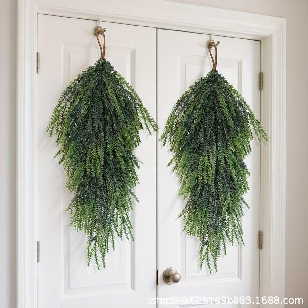 2 Pcs Artificial Christmas Teardrop Swag, Pine Needles Teardrop Door Swag, Christmas Greenery Hanging Plants Wreath Decor for Xmas Holiday