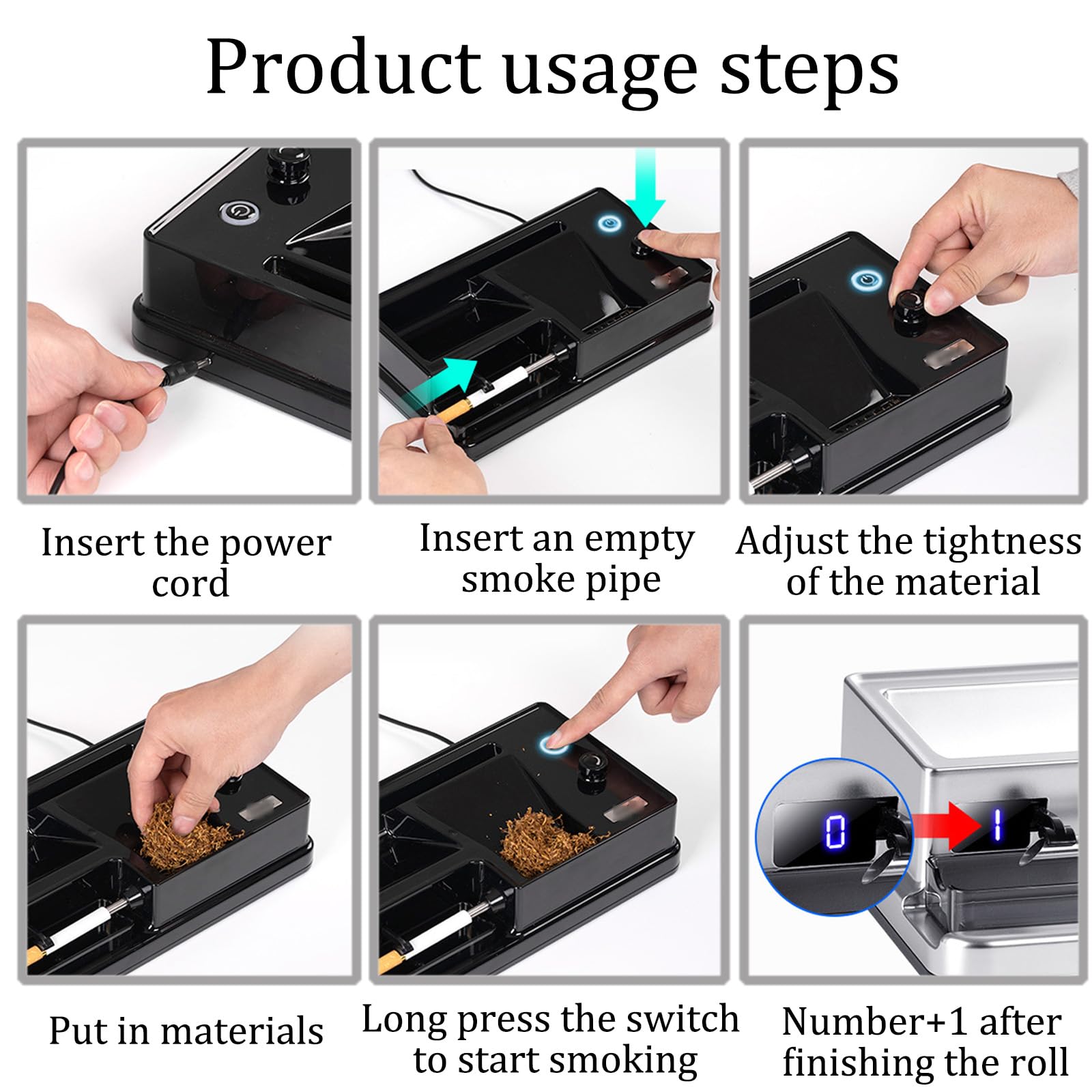 8 mm/6.5 mm Automatico Della Sigaretta Del Rullo Del Tabacco Delle Macchine di Riempimento Della,Macchinetta Elettrica Automatica per Sigarette,Schermo Illuminato a LED, Adatto per Fumat(Color:Bianco)