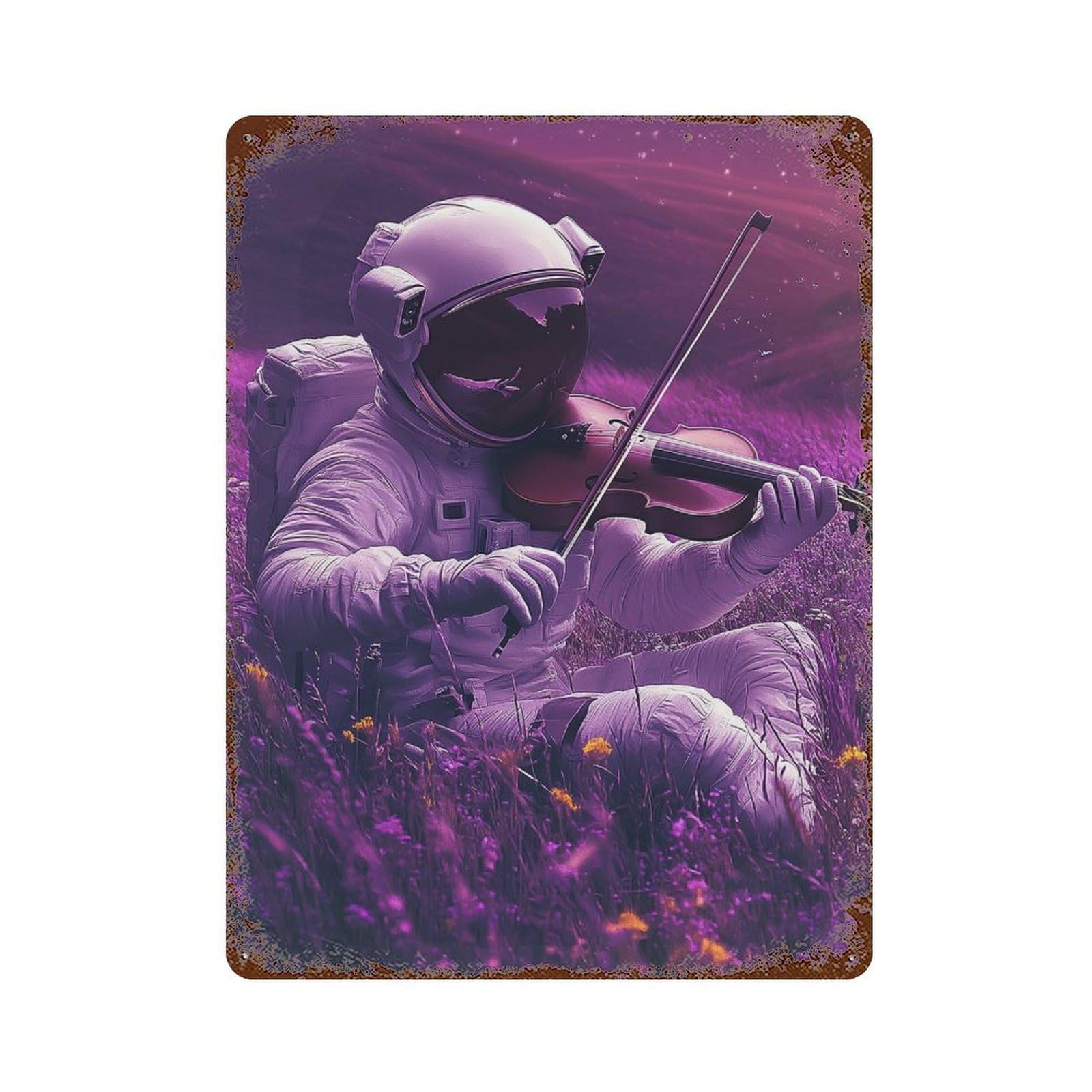 Garage Style Astronaut Playing Violin in Space Weathered Tin Sign 15.7"x11.8", Shabby Chic Decor for Bar And Workshop