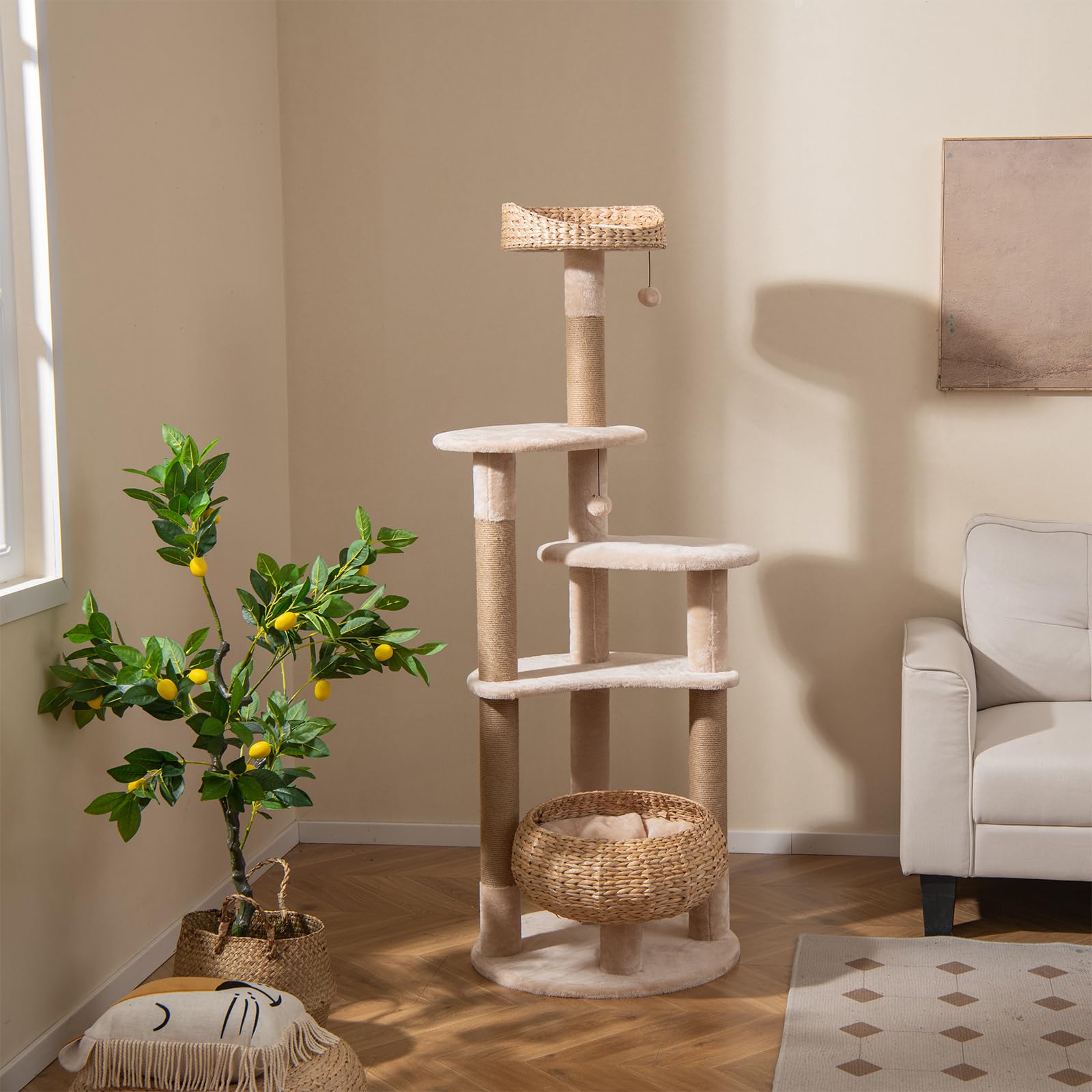SOARS Albero tiragraffi grande, 164 cm, con colonne tiragraffi, piattaforme in giacinto d'acqua, palline di peluche, albero per gatti a più piani, albero da arrampicata per gatti