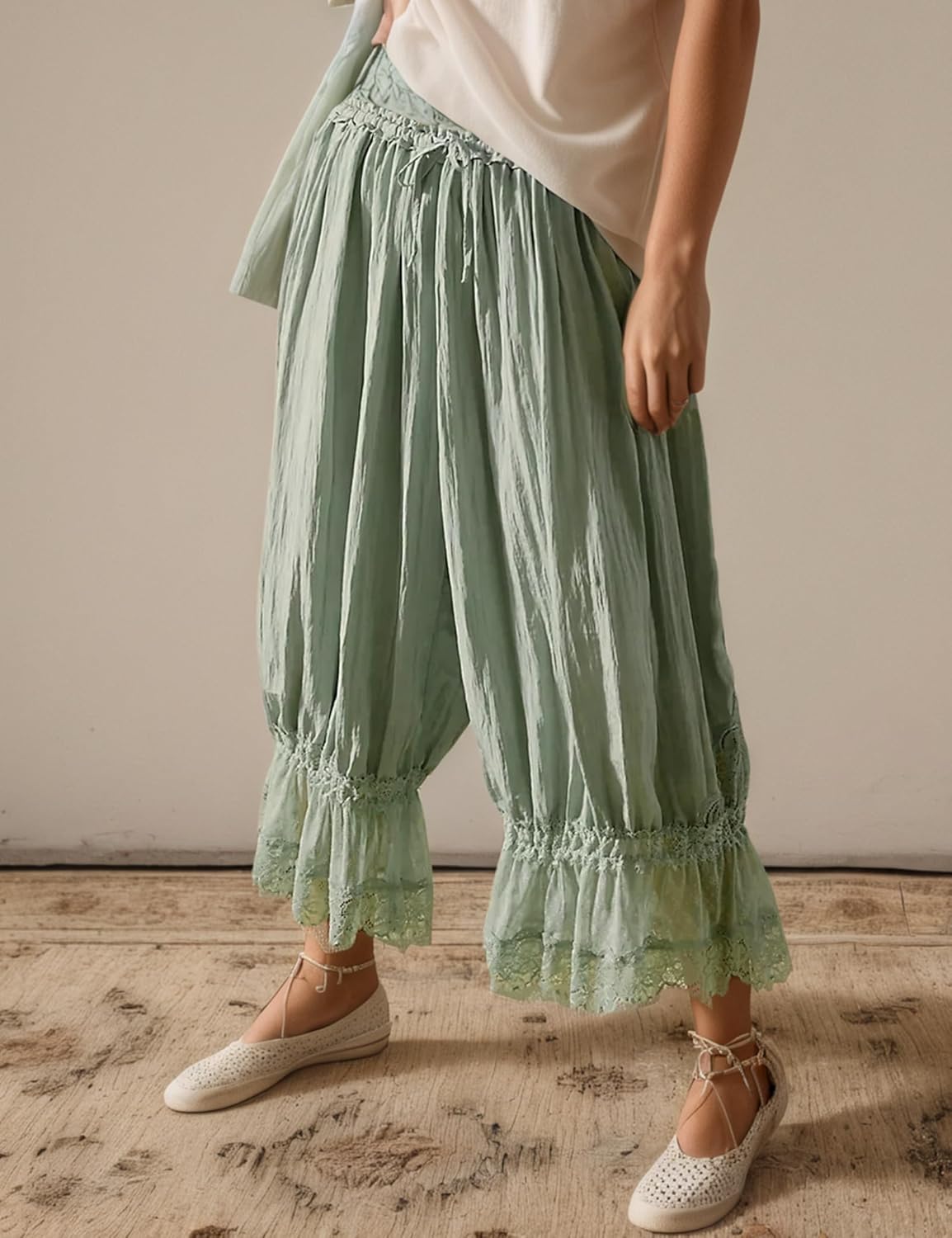 Women Lace Trim Long Bloomers Y2k Elastic Waist Lace Patchwork Pettipants Pantaloons Slip Cropped Pants - Image 2