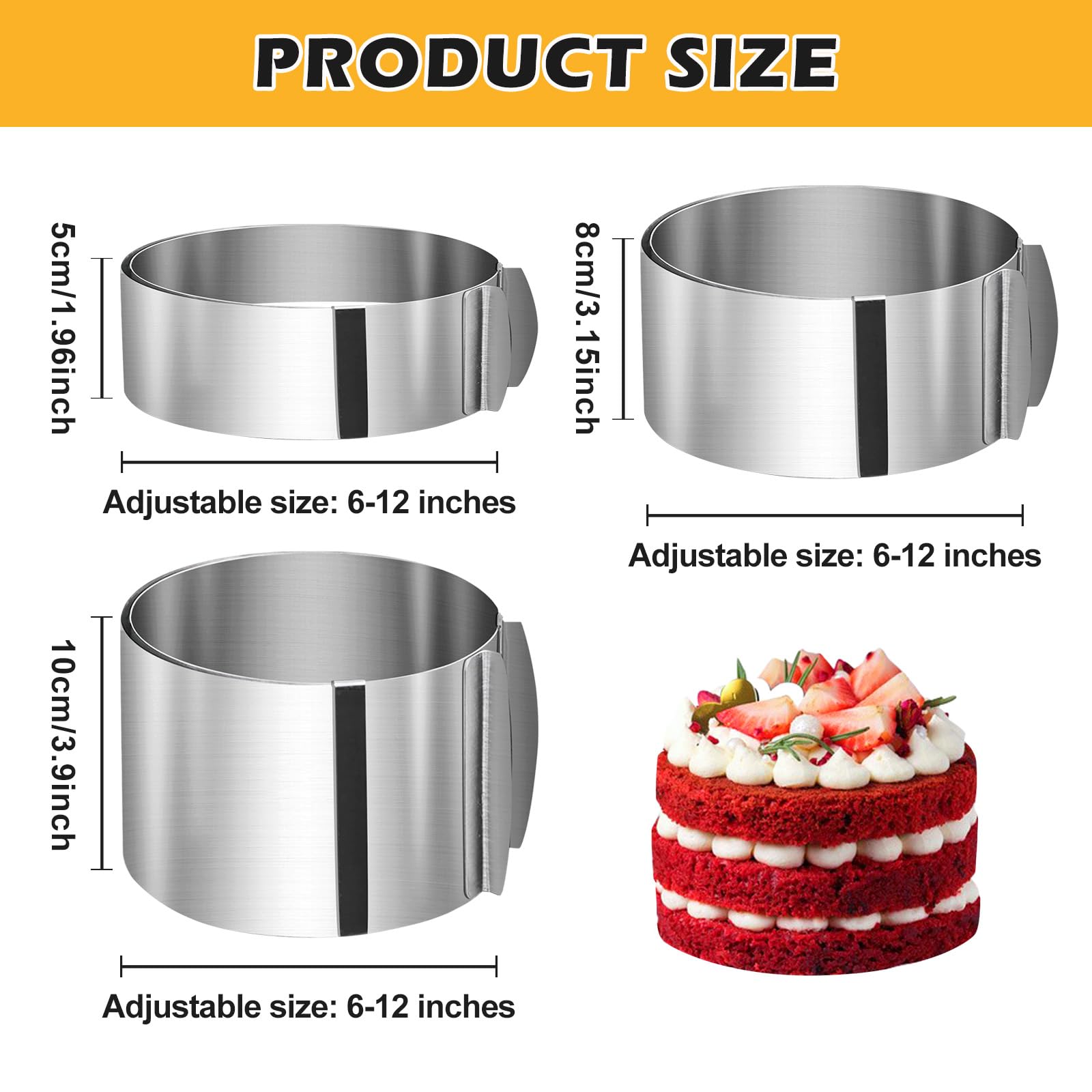 PORFOYO 3 anelli per torte regolabili in altezza 5 cm, 8 cm, 10 cm, in acciaio inox, larghezza 16 – 30 cm, telaio rotondo, stabile stampo per torte, anello rotondo regolabile per cuocere e decorare