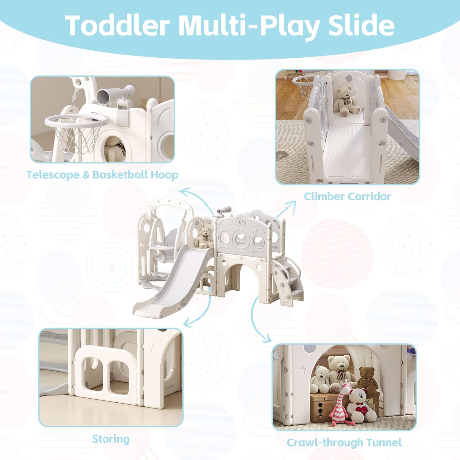 Toddler Slide and Swing Set for 1-3, 9 in 1 Kids Indoor Outdoor Playset, Baby Playground with Basketball Hoop, Telescope
