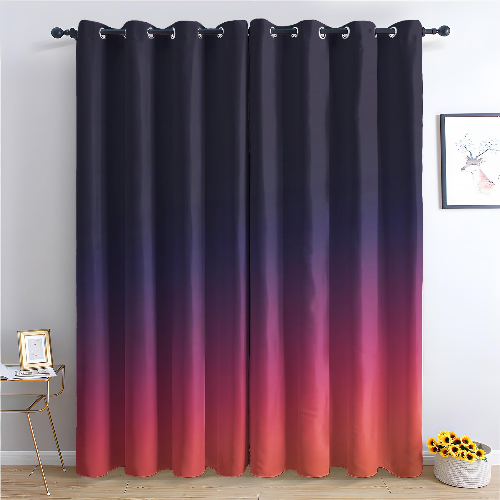 Zcwl Black Red Dark Red Ombre Curtains For Bedroom Living Room, Gradient Patterned Blackout Curtains, Thermal Insulated Eyelet Curtain, 63 Drop Window Treatments Drapes, 42X63 Inch (W X L), 2 Panels