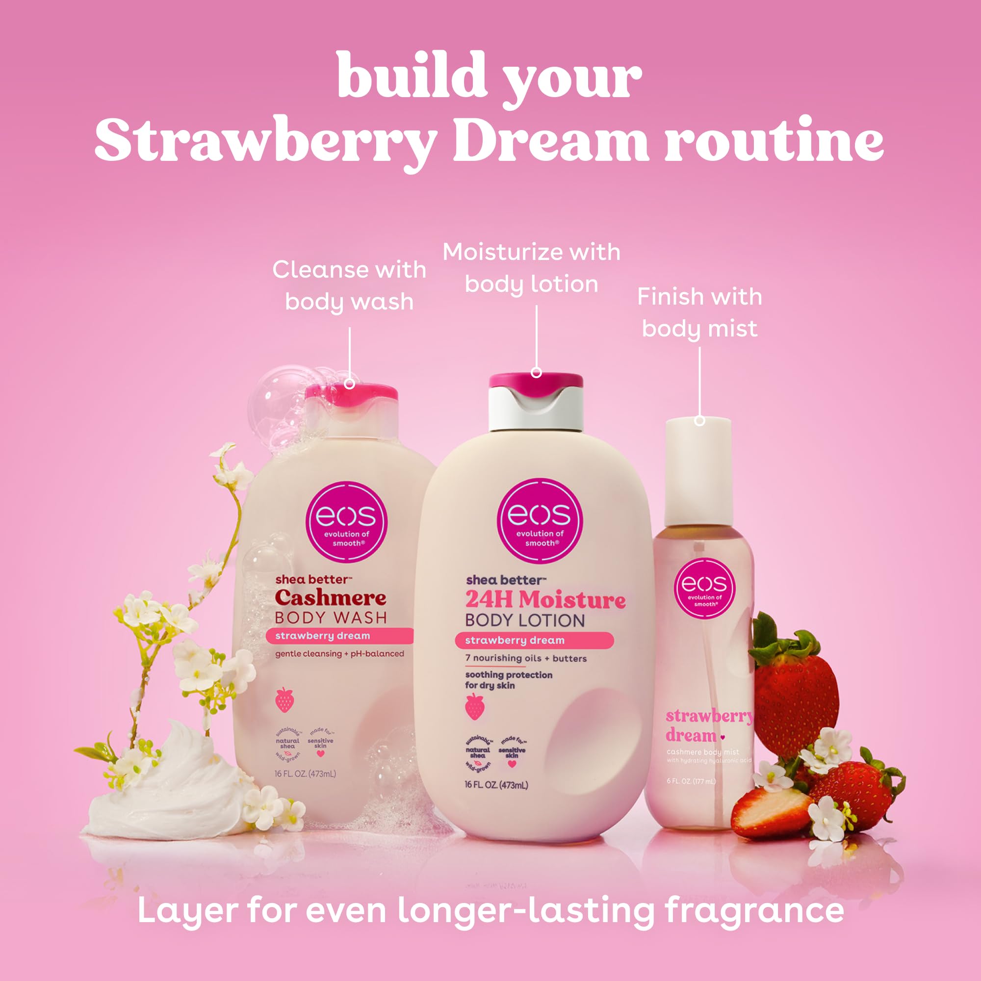 eos Shea Better balsam do ciała - Strawberry Dream, 24-godzinna pielęgnacja skóry, lekka i nietłusta, wyprodukowana z naturalnej masy, wegańska, 40 ml