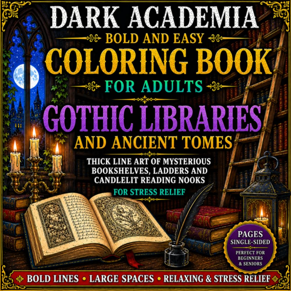 Dark Academia Bold and Easy Coloring Book for Adults Volume 1: Gothic Libraries, Ancient Tomes, Towering Bookshelves and Candlelit Reading Nooks for Relaxation and Stress Relief